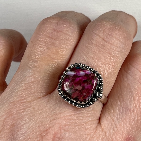 Solid 925 Sterling Silver Pink Dahlia Copper Turquoise Gemstone Ring Size 8.25 - Picture 6 of 9